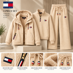 Women's 3-Piece Lounge Set – Hooded Jacket, Quarter-Zip Top & Wide-Leg Pants