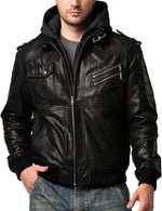 Men’s Brown Genuine Leather Motorcycle Jacket with Removable Hood
