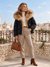 MANGO Women's Luxury Fur-Trim Hooded Cropped Down Puffer Jacket