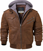 Men’s Brown Genuine Leather Motorcycle Jacket with Removable Hood