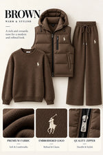 Women's 3-Piece Cashmere Knit Sweater Set – Hooded Puffer Vest & Wide-Leg Pants