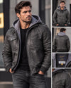 Men’s Brown Genuine Leather Motorcycle Jacket with Removable Hood